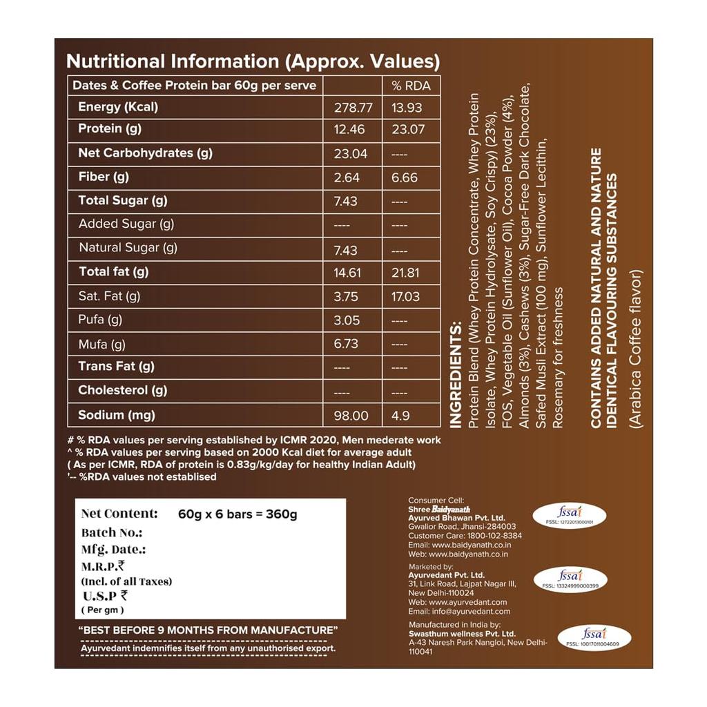 Baidyanath Choco Nuts Protein Bar 20g Protein No Added Sugar (60g x 6N) pack of 1 High Protein Snack for Energy and Muscle Recovery