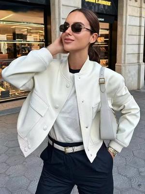 Vintage Solide Langarm Bomber Jacke Frühling Frauen Casual Mäntel Streetwear 2023 Weibliche Elegante Revers Zipper Jakcet