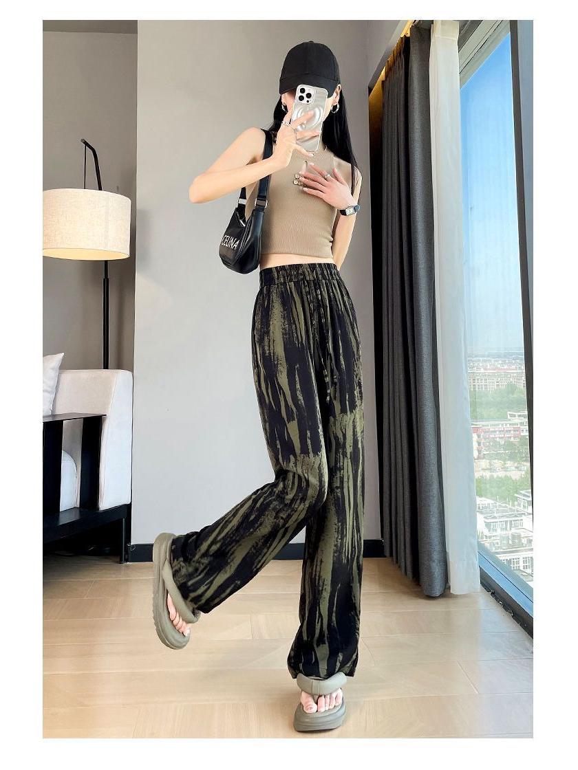 

Лето 2025 Женские брюки с высокой талией из ледяного шелка и шифона с широкими штанинами и принтом тай-дай в технике чернильной живописи 4XL зелёный