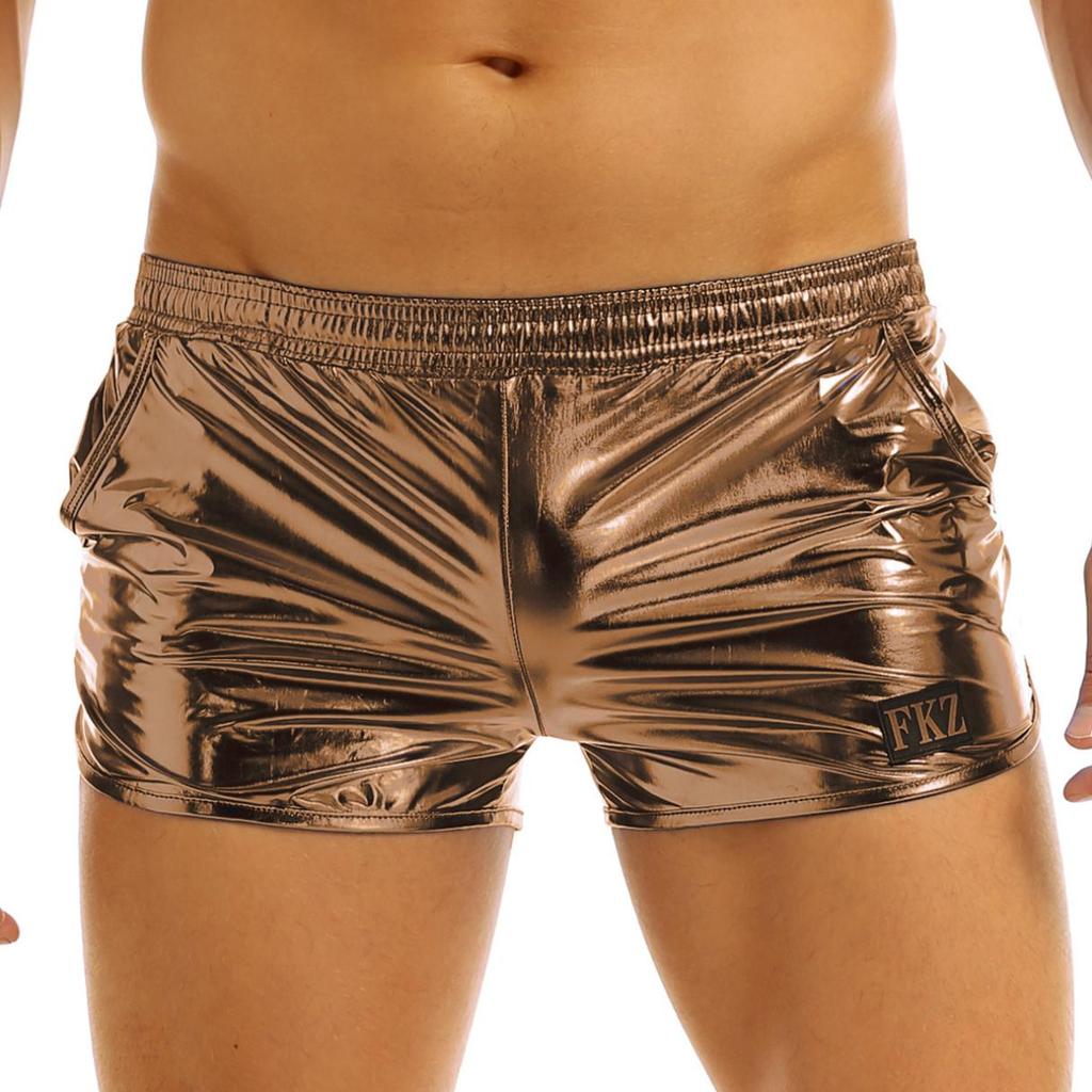 Glänzende metallische Herren-Shorts mit niedrigem Bund und elastischem Bund, Boxershorts, kurze Lounge-Hosen, Strandmode