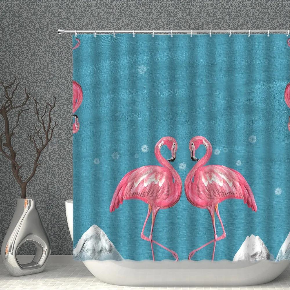 Flamingo Shower Curtains Green Leaf Pink Heart-Shaped Waterproof Polyester Cloth Curtain Set With Hooks Nordic Bath Room Decor