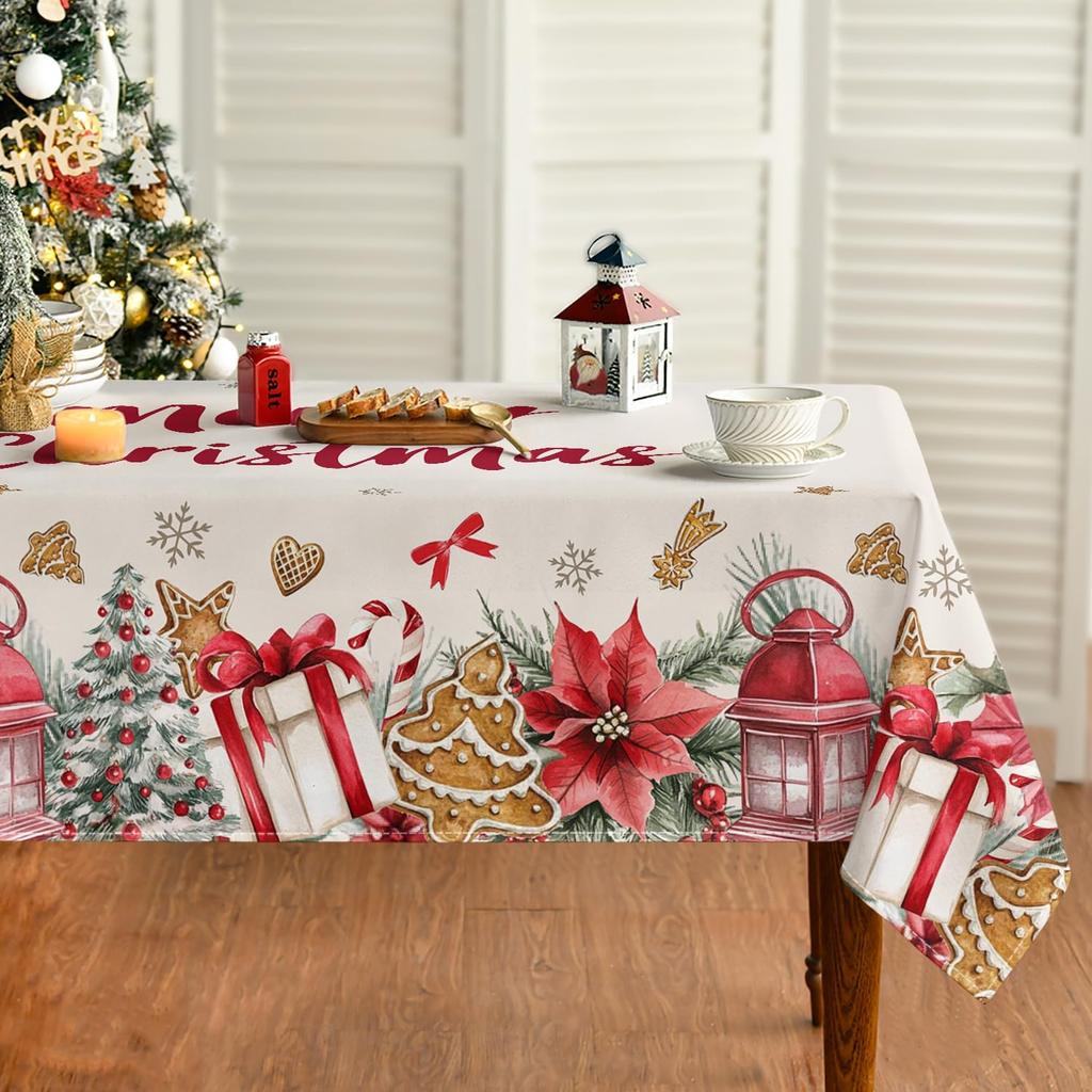 Christmas Poinsettia Gingerbread Tree Waterproof Tablecloth Table Decor Winter Kitchen Dining Tablecloth Christmas Decorations