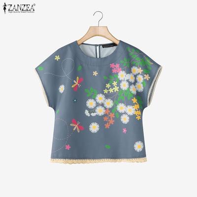 Women Casual Round Neck Summer Short Sleeve Floral Blouse