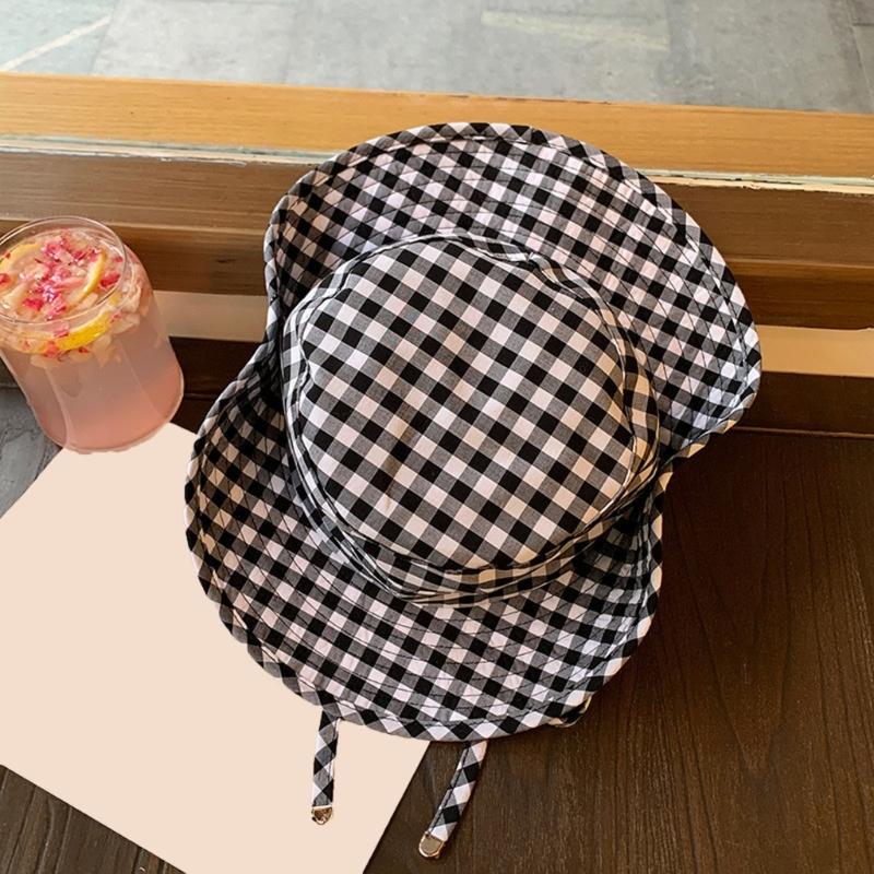 Japanese Style Sweet Gingham Basin Cap Adjustable Bucket Hat For Women And Men Soft Cotton Summer Sun Protection