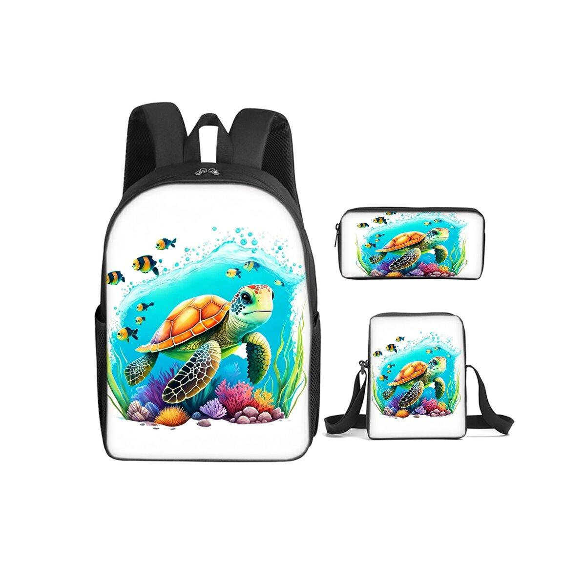 Zeeschildpad Koraalprint 3 Delen/Set Rugzak met Schoudertas, Etui voor Jongen/Meisje Beste Cadeau Cartoon Student Schooltassen black