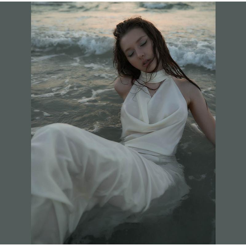 Women's Satin Sexy V-neck Temperament Halter Dress Summer New Slim Long Skirt Halter