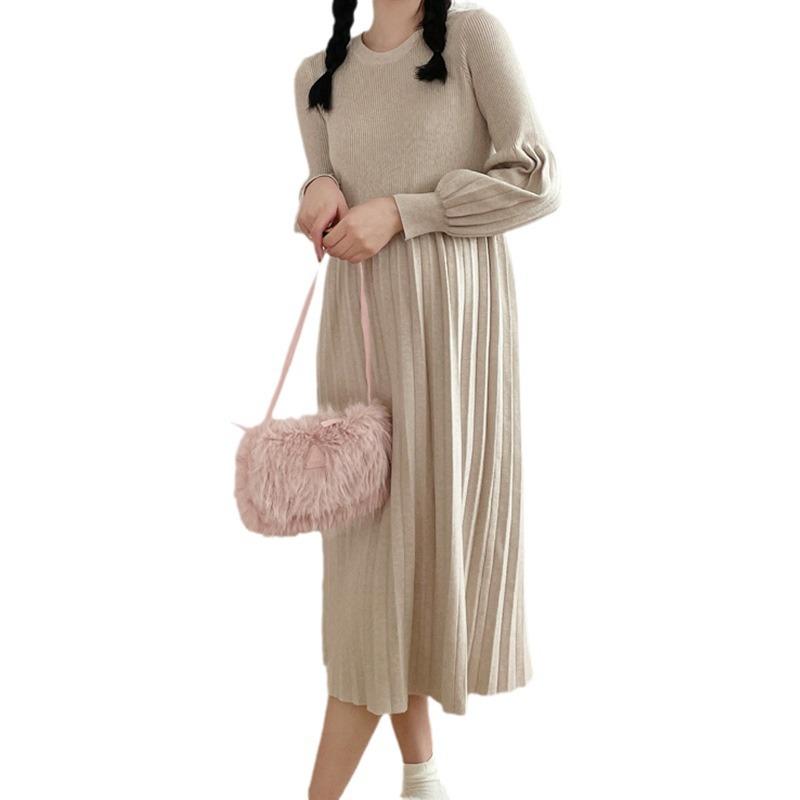 Maternity Sweater Skirt Autumn and Winter Pleated Lantern Sleeves Loose and Thin Age Reduction Base Maternity Knitted Dress