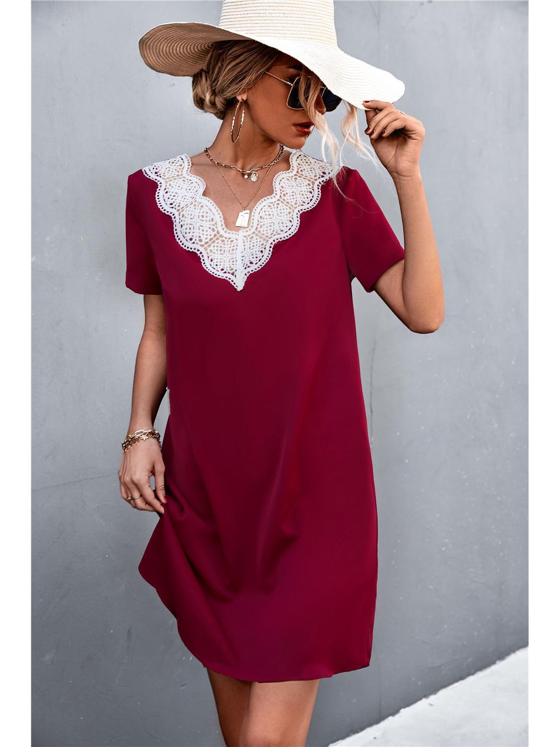 

Літня мереживна сукня з V-подібним вирізом та європейським та американським прикордонним стилем 2022 року для жінок XL кларет