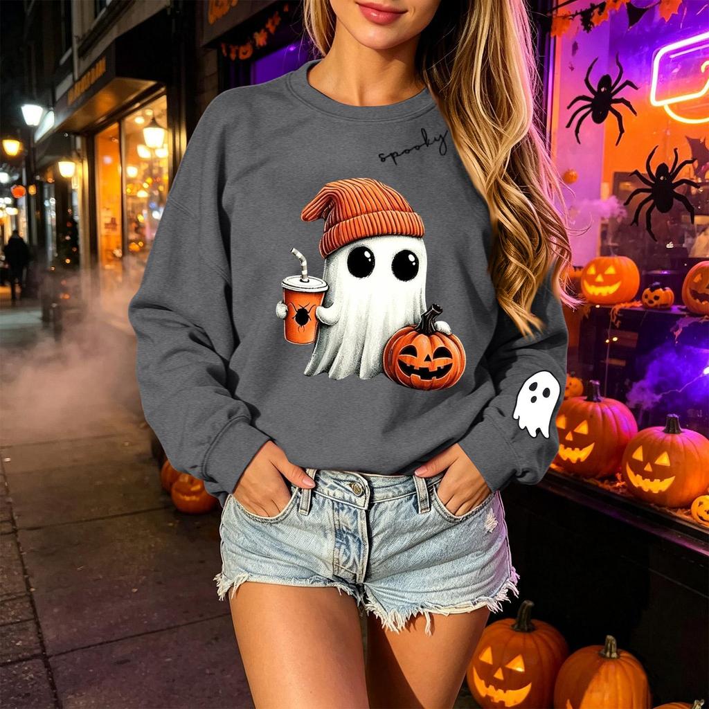 Unisex Halloween Print Long Sleeve Neck Pullover Sweatshirt, Lightweight Casual Top for Men and Women