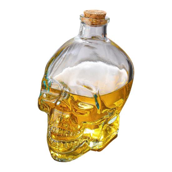 Skleněná karafka ve tvaru lebky, 3D gotická láhev na whisky se zátkou, Nový dávkovač likérů pro domácí bar, Halloweenský dárek