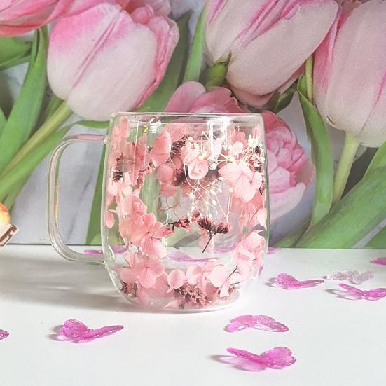 Yousheng Double Wall Glass Cup with Dried Flowers Insulated Espresso Coffee Mug Heat-Resistant Dual Layered Glass for Home Kitchen Party