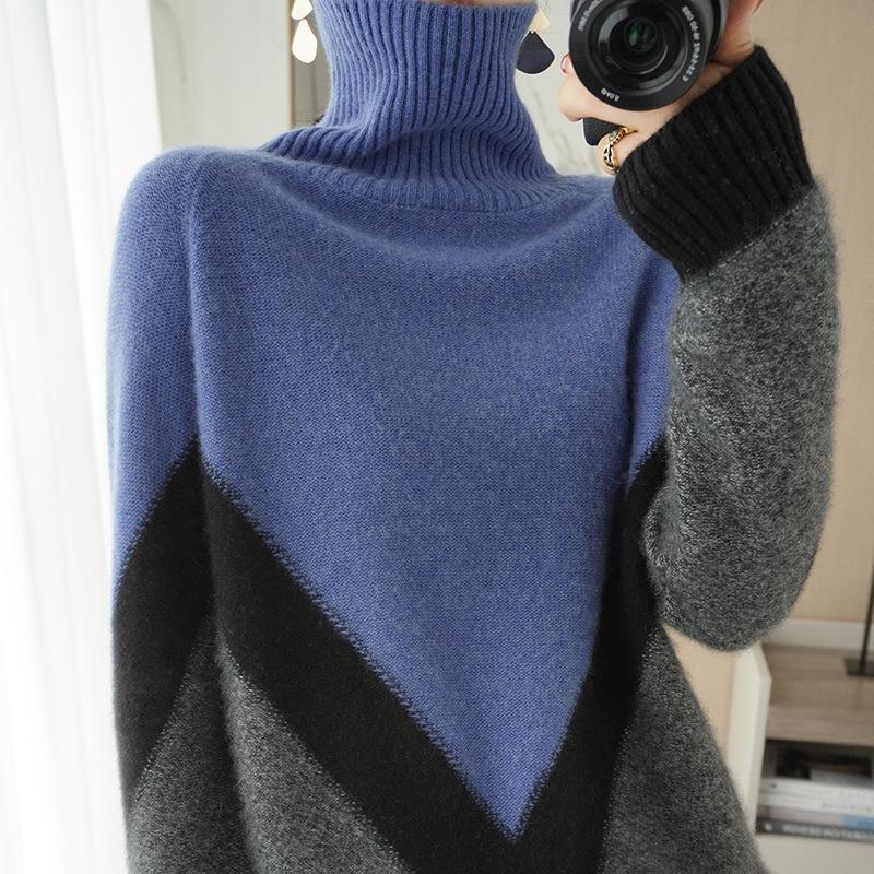 High Collar Color Blocking Bottoming Sweater Women's Autumn and Winter Pullover Loose Outer Wear Knitted Sweater