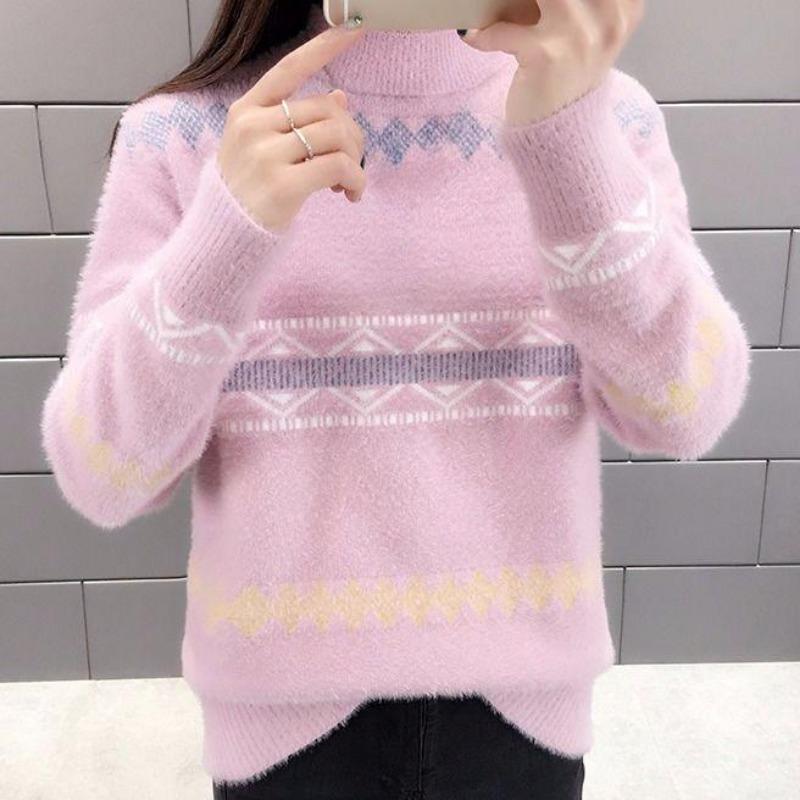 Pulover de bază cu gât semi-înalt pentru femei, toamnă, larg, casual, cașmir, tricotat, pulovere, imprimeu vintage, tricotaje