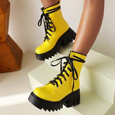 Women Patent Leather Boots Bright Yellow Chunky High Heels Gothic Boots Platforms Lady Lace-up Shoes