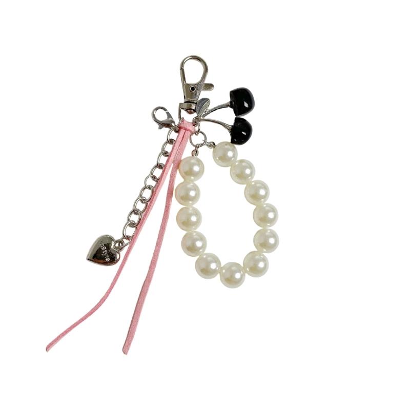 Unique Pearls Cherry Keychain Alloy Love Heart Keyring Multi Functional Purse Charm Daily Fashion Accessories