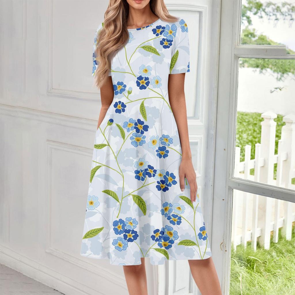 Women's Casual Fashion Round Neck Short Sleeve Floral Print Midi Dress