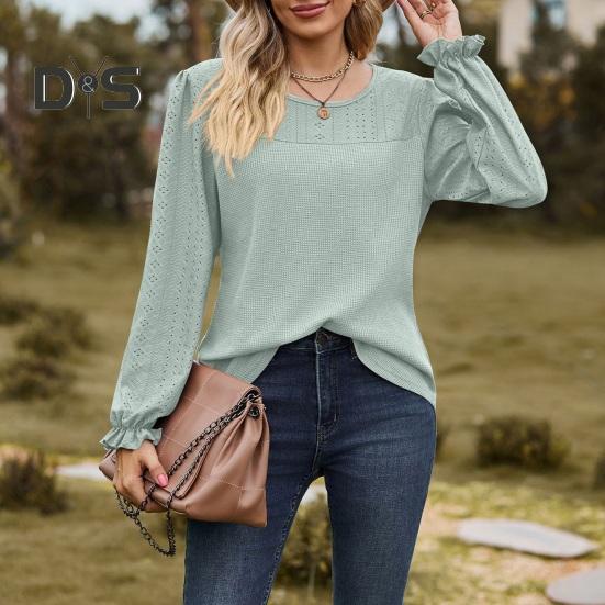 Women Tops Round Neck Puff Long Sleeve Solid Color Tee Shirt with Waffle Decoration Solid Color Loose Fit T-shirt