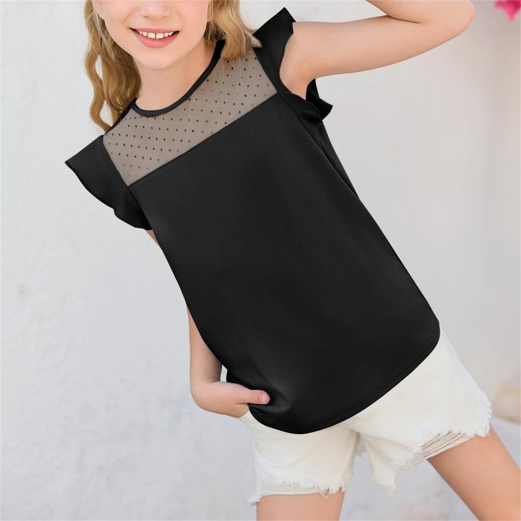Summer Children's And Girls' Pleated Sleeve Shirts, Casual Tops, Transparent Mesh Short-sleeved T-shirts