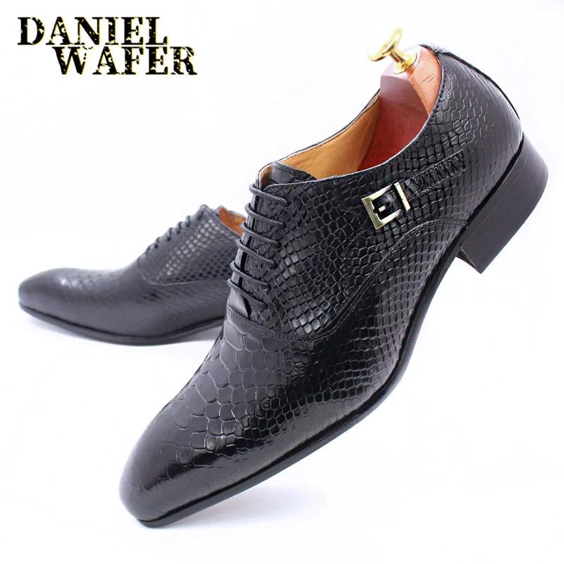 Fashion Luxury Men Leather Shoes Snake Skin Print Business Dress Formal Classic Style Burgundy Blue Pointed Toe Lace Up Oxford Shoes Men