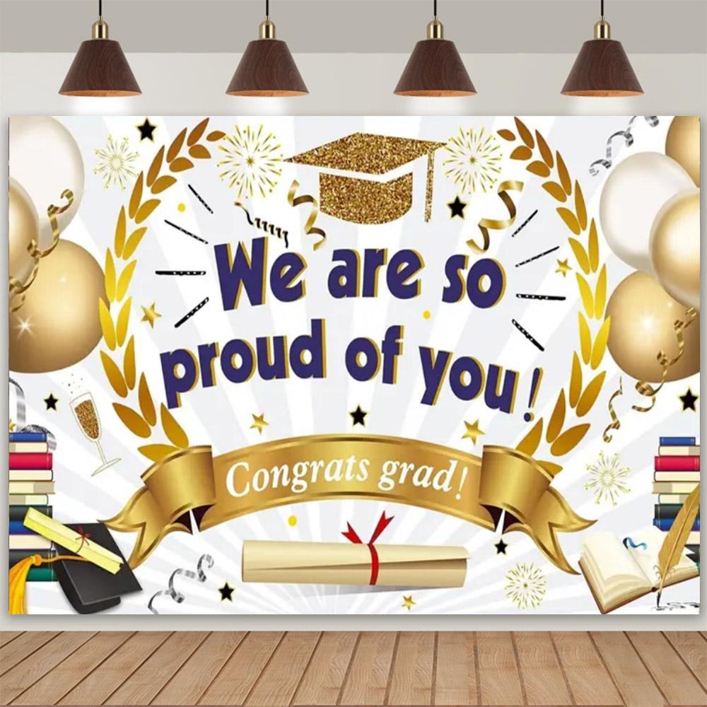 Abschlussfoto-Hintergrund, Glückwünsche, Abschlussfeier, Abschlusskappe mit gold-schwarzem Pailletten, Plakat mit personalisiertem Text, Banner