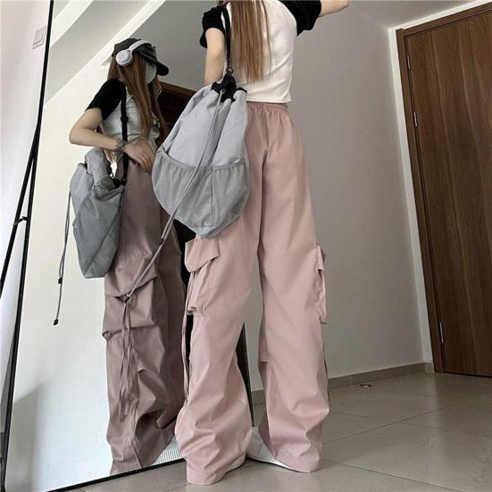 Retro Dámské Elastické Kalhoty Cargo Kalhoty s vysokým pasem Stahovací šňůrka Více kapes Rovné Široké nohavice Ležérní Dlouhé kalhoty Streetwear