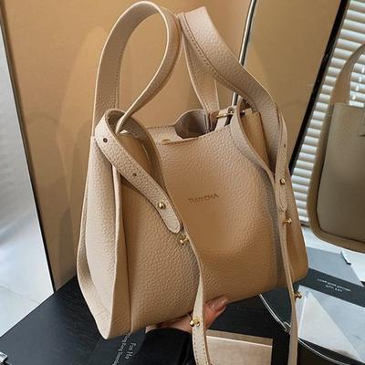 Lychee Pattern Letter Bucket Bag New High-end Bag Women's Simple Shoulder Portable Vegetable Basket Bag