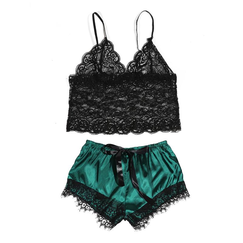 

Комплект из двух частей: шорты на подтяжках, сексуальная кружевная шелковая пижама для женщин, комплект нижнего белья, укороченные топы, шорты, ночная одежда M зелёный