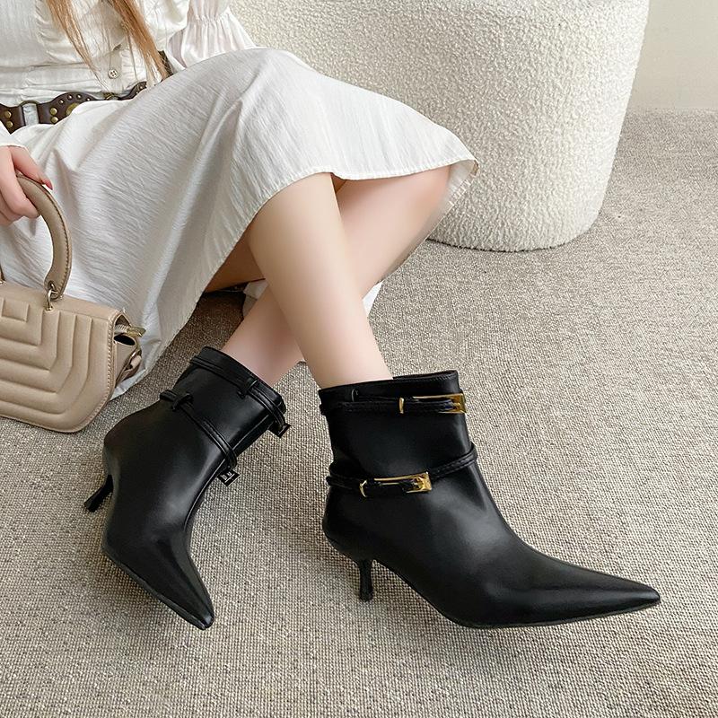 Fashion temperament pointed black women's short boots women's new autumn and winter thin heel leather boots versatile high heels