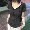 New Short Sleeved Stripes T-shirt Retro V-neck Slim Fit Casual Summer Blouse Fashion Elegany Simple Basic Tees Shirts Buttons Simple Clothing