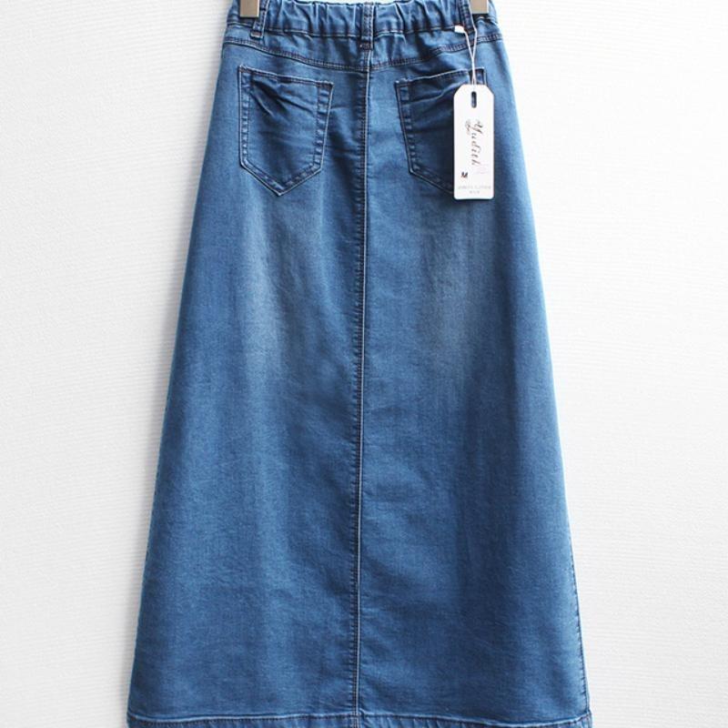 Elastische hoge taille jeansrok voor vrouwen, patchwork A-lijn denim lange rok met zak, casual mode, katoen, zacht, comfortabel, werkjeansrok