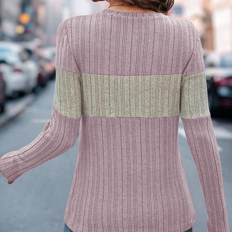 2025 Autumn and Winter New Products Round Neck Loose Casual Color Matching Thin Sweater, Temperament All-match Elegant Ladies Long-sleeved Top 5019