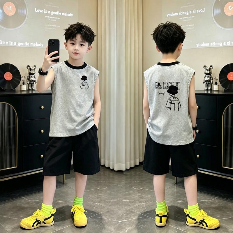 Boys' Korean Style Cotton Color Block Sleeveless Vest Set - Summer 2026 New Arrivals, Medium & Large, Round Neck Trendy Top