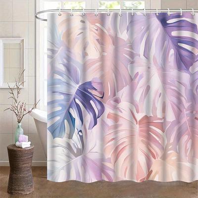 1pc Monstera Leaf Print Shower Curtain - Tropical Pink & Purple Polyester Bathroom Decor with 12 Hooks, Machine Washable