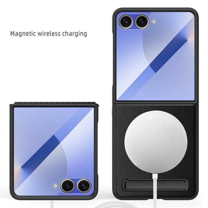 Magnetic Wireless Charging Kickstand Phone Case for Samsung Galaxy Z Flip7 FE Flip 7 6 5 Hinge Protect Glass Film Leather Cover