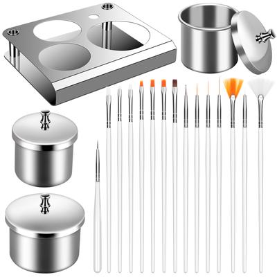 3 Pieces Stainless Steel Nail Art Equipment Cup Bowls With 15Pc Nail Brushes