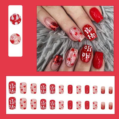 Valentine Fake Nails Short Press Nails Square Red Full Cover Glue Nails Valentine Heart-Shaped Nails With Cute Designs Extra Short With 2ml Glue