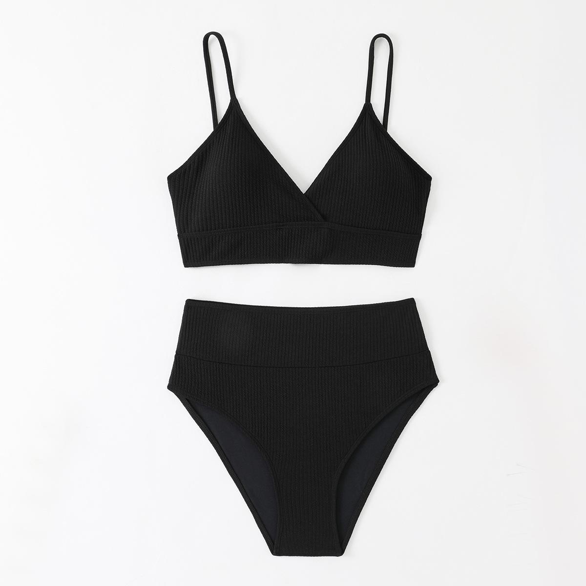 

2024 Большой размер Европейский Американский Рубчатый На бретелях С высокой талией Бикини - Сексуальный Раздельный Купальник XXXL чёрный