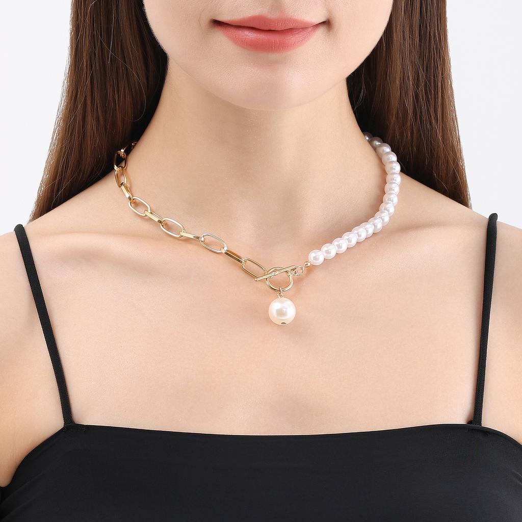 Niche Woven Geometric Imitation Pearls Stacked Collarbone Chain Versatile OT Buckle Splicing Chain Simple Retro Beaded Necklace