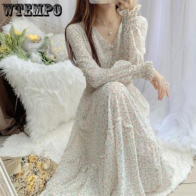 Autumn Spring Two Layers Dresses Fashion Female Printed Floral Long Sleeve V-neck A-line Casual Dress Women Chiffon Dresses With Lining