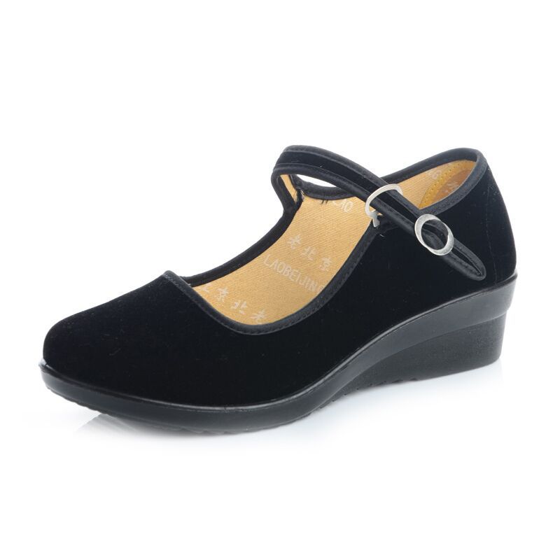 Old Beijing Cloth Shoes Women's Shoes Wedge Heel Black Cloth Shoes Hotel Shoes Work Shoes Middle Heel Dance Etiquette Word Belt Mother Shoes