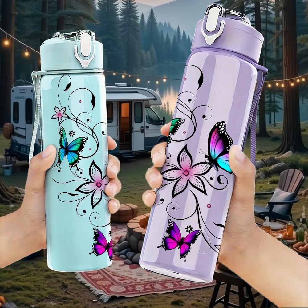 1PC Colorful Butterfly Floral Pattern 750ml Color Plastic Sports Water Bottle Leakproof Flip Straw Lid Suitable for Sports Office Home Use
