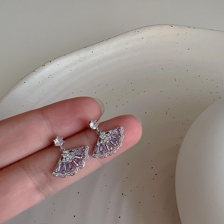 Purple Zircon Fan-shaped Women's Stud Earrings - Retro, Versatile & Stylish