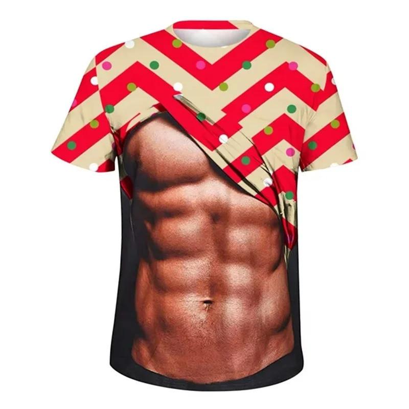 Round neck short sleeved Christmas fake abs pattern T-shirt, ugly Christmas top, men's gift funny 3D printed men's ugly Christmas T-shirt,