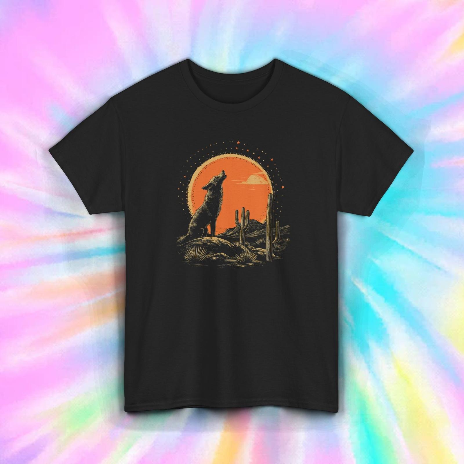 Coyote Desert Sunset Shirt Howling Wolf Southwestern Graphic Tee S-5XL XXL