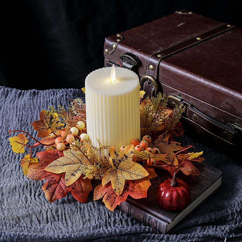 Fall Candle Ring Artificial Maple Leaves Wreath Ring Mini Autumn Wreath Rustic Fall Candle Holders for Bar Home Lit Wreath
