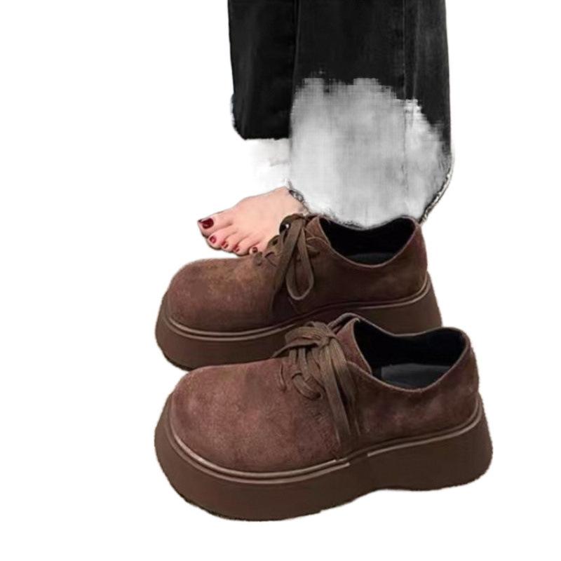 Retro Platform Shoes Women's New Spring and Autumn Small Man Height Increase Muffin Round Head Lace-up Single Shoes