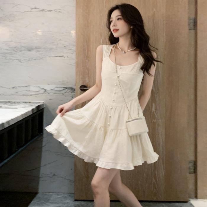 

French Gentle Wind White Square Neck Sleeveless Dress Women s Summer Waist Skinny Single-breasted Lotus Leaf Edge Temperament Short Skirt 2XL