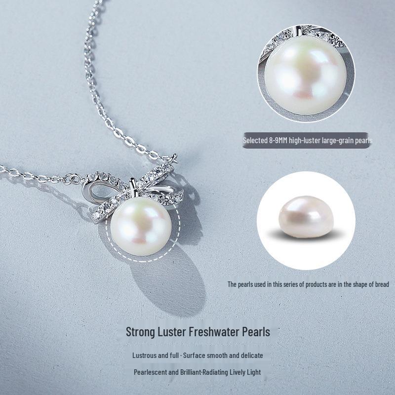Stylish S925 Sterling Silver Bow Necklace with Freshwater Pearl – Fresh, Versatile Clavicle Chain for Women.