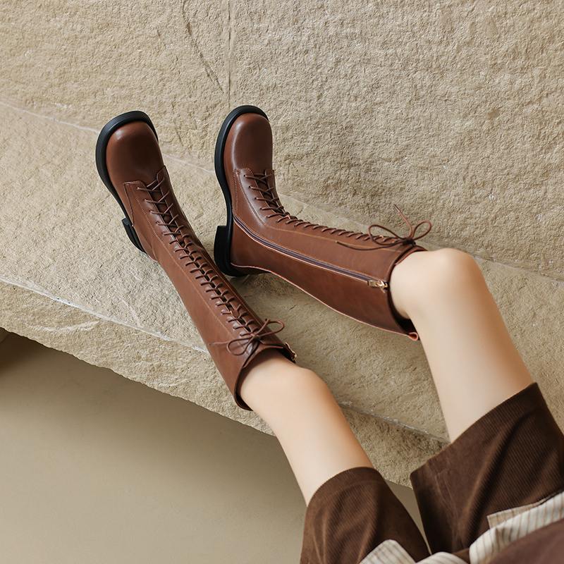 Krazing Pot Cow Split Skin Autumn Winter Shoes Concise Thick Heels Size 41 Thigh High Boots Keep Warm Round Toe Slip On Retro Knee Boots