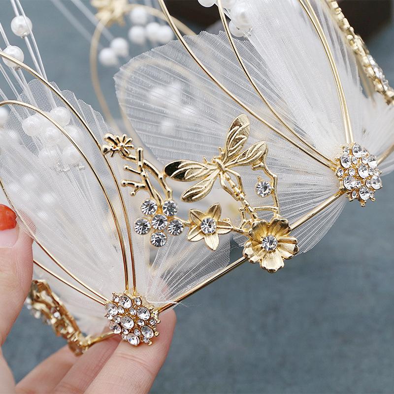 Fairy Princess Crown with Mesh Round Headwear with String Beads Queen Cake Decoration Costume Hair Accessory for Women Baking